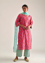 Tile Kurta Organza Dupatta Set - Raspberry Red