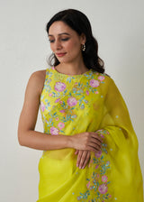 Protea Saree - Lime Yellow