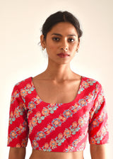 Kanguri Scallop Saree Red Tircha Blouse Set - Cobalt Blue