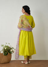 Kanji Gathered Kurta Set - Lime Yellow