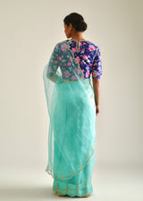 Kaira Scallop Saree Blue Jacobean Blouse Set - Mint Green