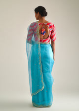 Kanguri Scallop Saree Red Tircha Blouse Set - Cadet Blue