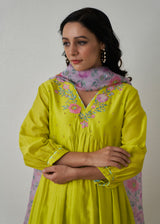 Kanji Gathered Kurta Set - Lime Yellow