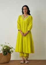 Kanji Gathered Kurta Set - Lime Yellow