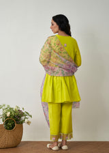 Kanji Gathered Short Kurta Set - Lime Yellow