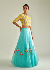 Gulaab Applique Organza Lehenga Set - Aqua Blue