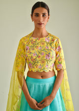 Gulaab Applique Organza Lehenga Set - Aqua Blue