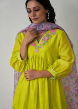 Kanji Gathered Short Kurta Set - Lime Yellow