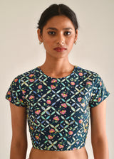 Printed Scallop Border Saree Blouse Set - Pebble Black