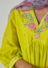 Kanji Gathered Kurta Set - Lime Yellow