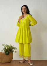 Kanji Gathered Short Kurta Set - Lime Yellow