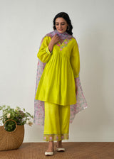 Kanji Gathered Short Kurta Set - Lime Yellow