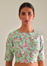 Megh Scallop Saree Gulaab Blouse Set - Lime Yellow