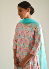 Ogee Kurta Lehenga Set - Blue Pink