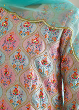 Ogee Kurta Lehenga Set - Blue Pink