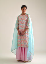 Ogee Kurta Lehenga Set - Blue Pink