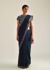 Printed Scallop Border Saree - Pebble Black