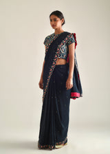 Printed Scallop Border Saree - Pebble Black