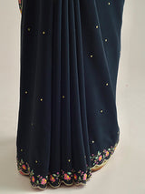 Printed Scallop Border Saree - Pebble Black