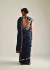 Printed Scallop Border Saree Blouse Set - Pebble Black