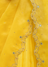 Soha Cutwork Saree Soft Pink Para Blouse Set - Chrome Yellow