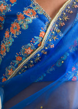 Kanguri Scallop Saree Blue Tircha Blouse Set - Cobalt Blue