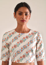 Kanguri Scallop Saree White Tircha Blouse Set - Cadet Blue