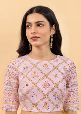 Soha Cutwork Saree Soft Pink Para Blouse Set - Chrome Yellow