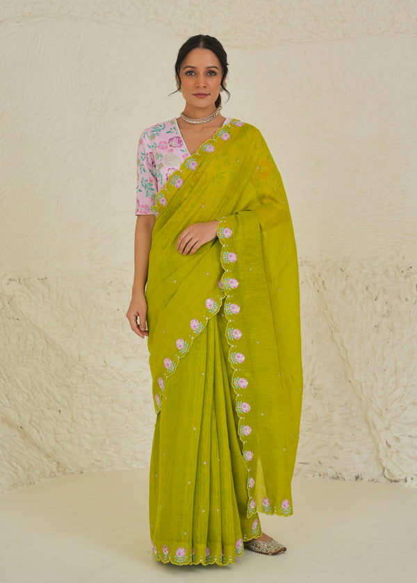 Ichika Tissue Saree Blouse Set - Lime Green