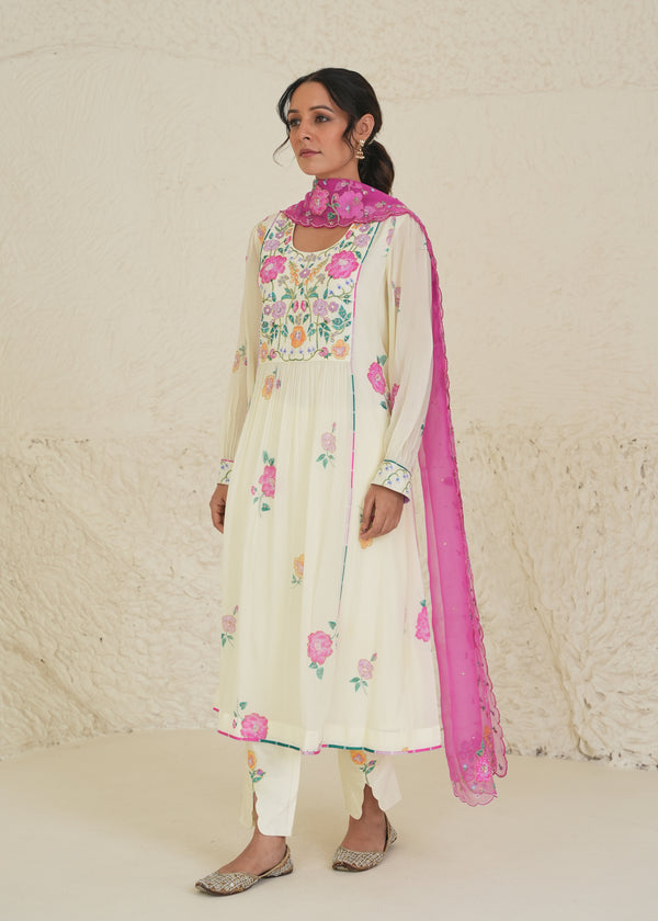 Freya Panelled Crepe Kurta Set - Cream