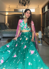 Seri Applique Lehenga Set - Emerald Green - WITH PINK DUPATTA