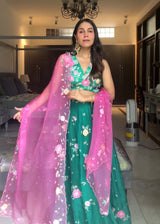Seri Applique Lehenga Set - Emerald Green - WITH PINK DUPATTA