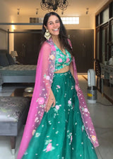 Seri Applique Lehenga Set - Emerald Green - WITH PINK DUPATTA
