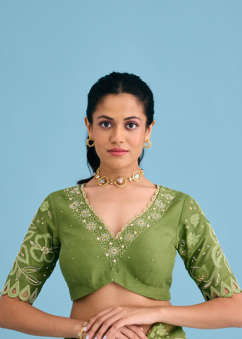 NELLI SAREE BLOUSE SET - OLIVE GREEN