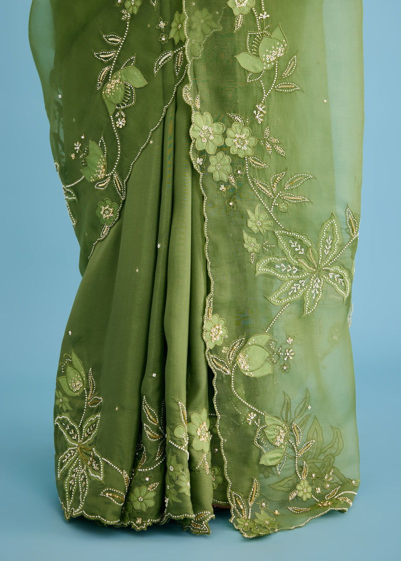 NELLI SAREE BLOUSE SET - OLIVE GREEN