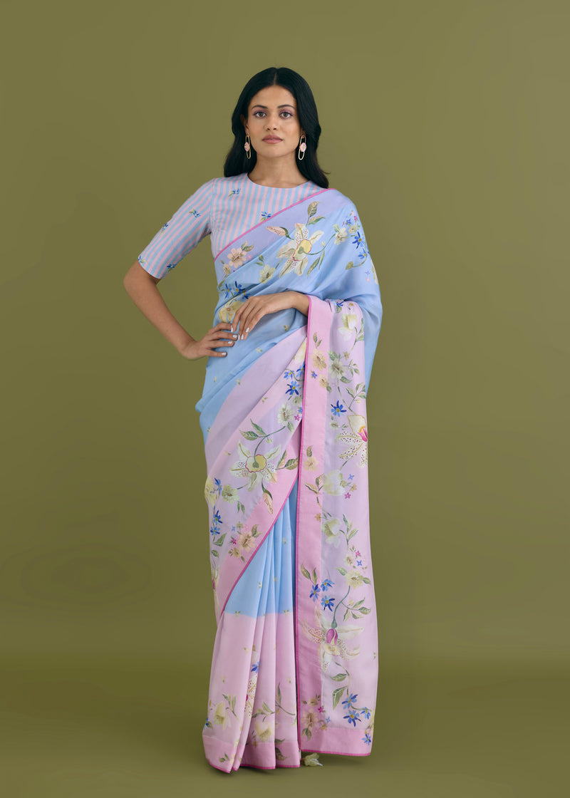 ORELLE SAREE HELIA BLOUSE SET- POWDER BLUE AND PINK