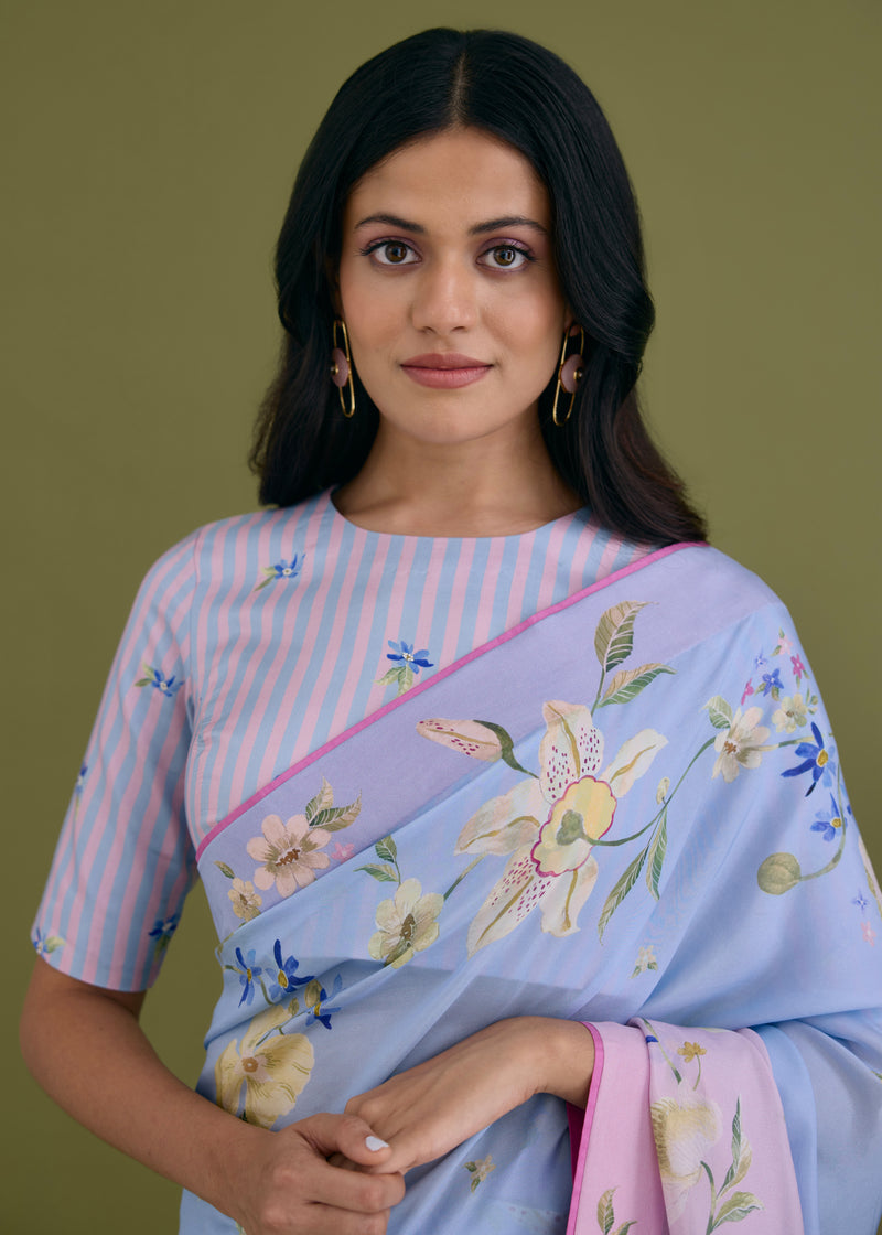 ORELLE SAREE HELIA BLOUSE SET- POWDER BLUE AND PINK