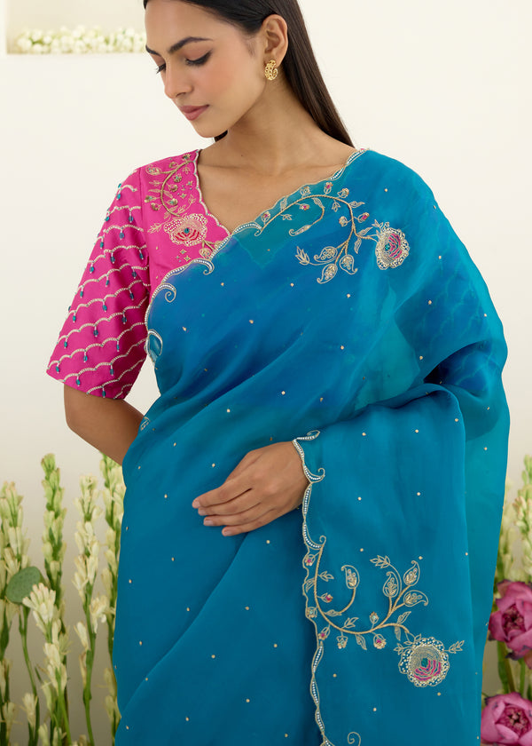 IDIKA SAREE NAIN BLOUSE-PEACOCK BLUE