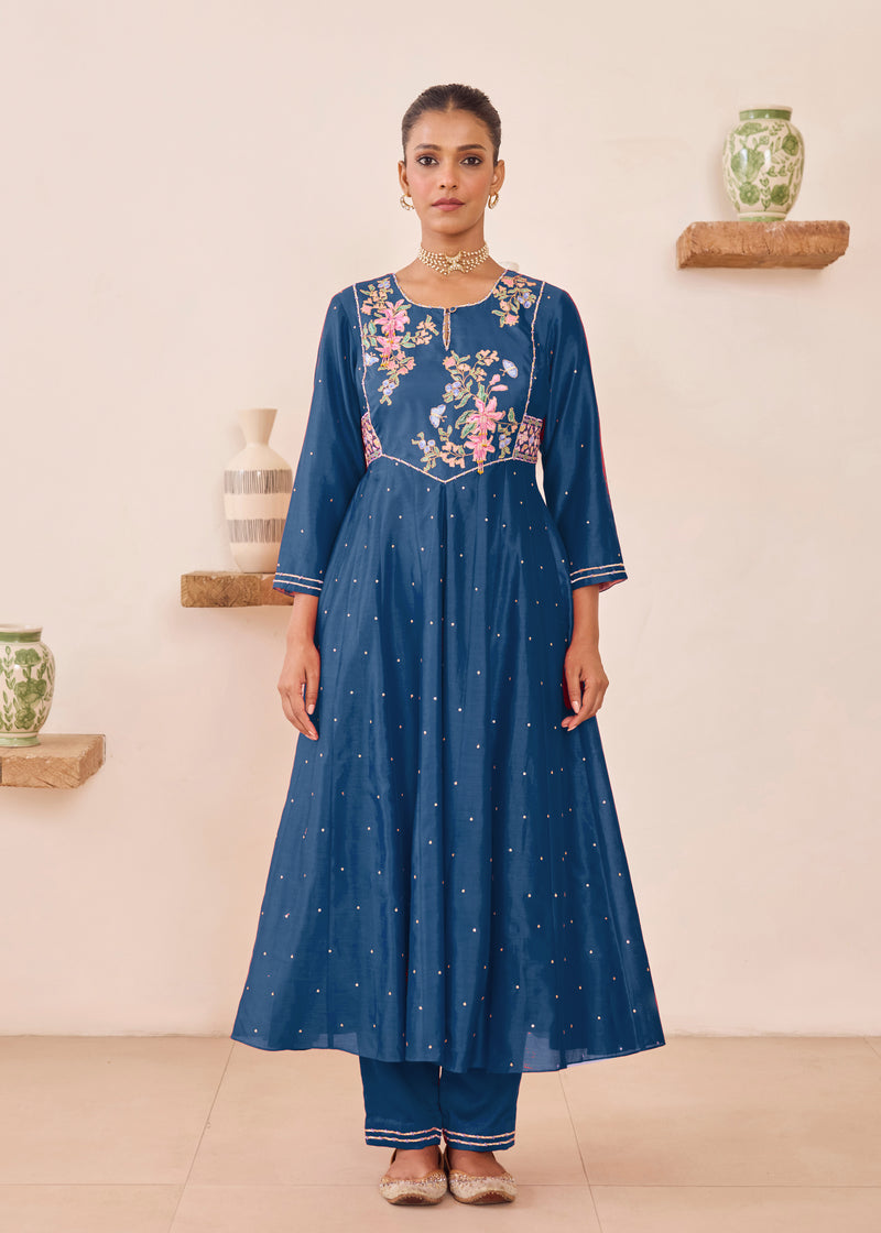 MOIRA ANARKALI WITH DUPATTA - TEAL BLUE