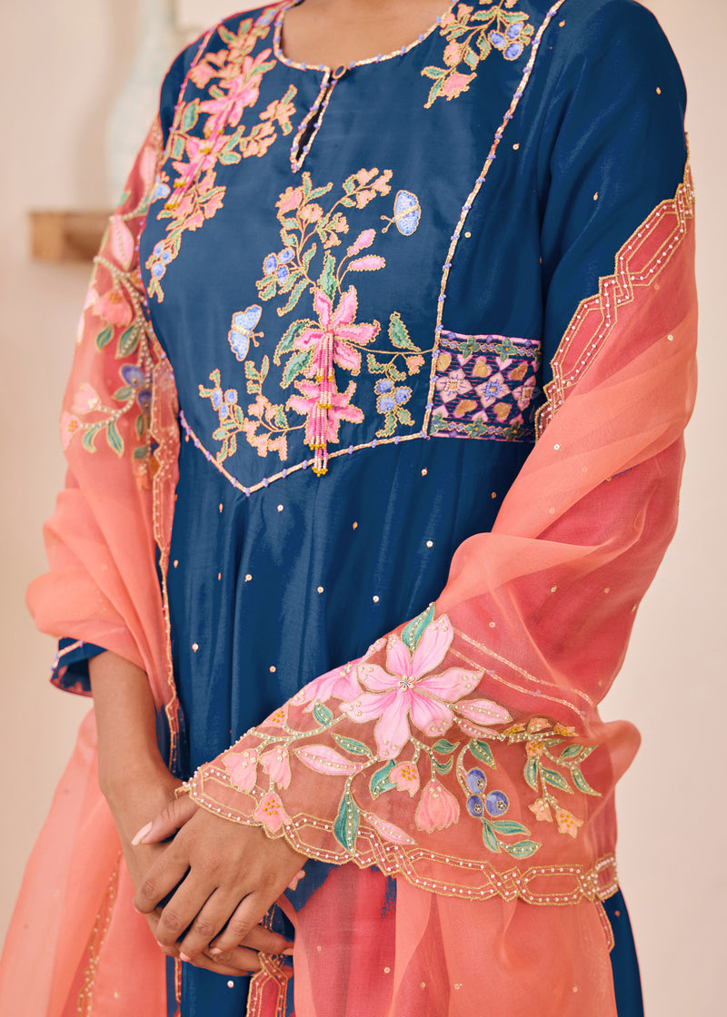 MOIRA ANARKALI WITH DUPATTA - TEAL BLUE