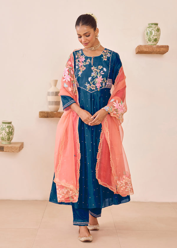 MOIRA ANARKALI WITH DUPATTA - TEAL BLUE