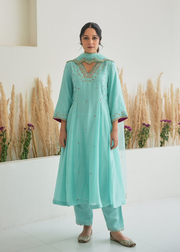 Feeha Anarkali Set - Aqua Blue