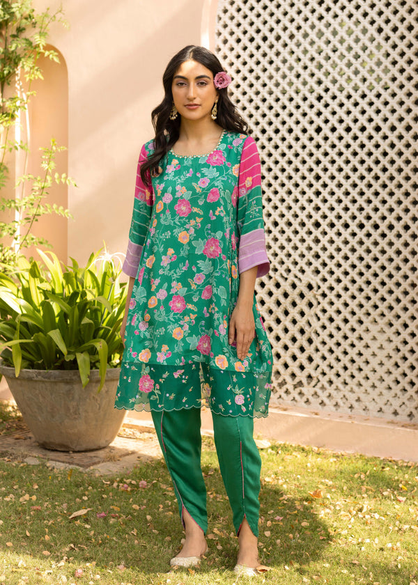 Seri Gathered Short Kurta Set - Emerald Green