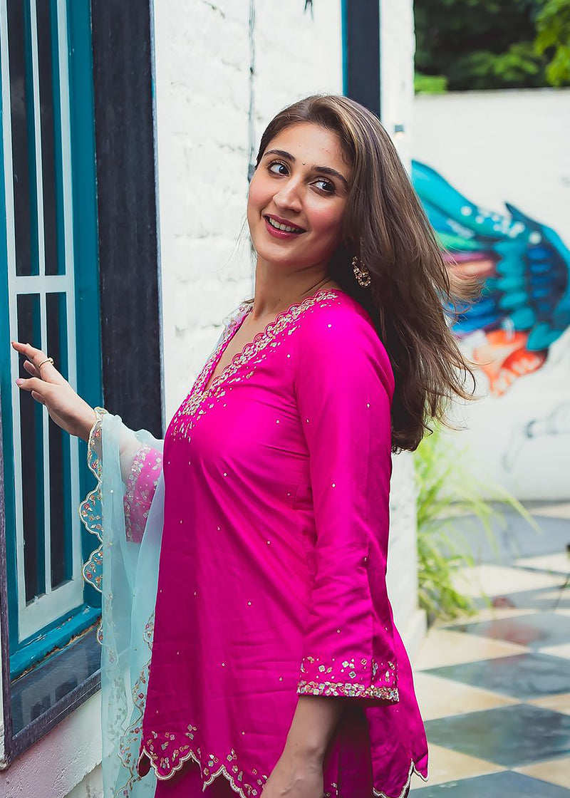Dhvani Bhanushali in our Feeha Sharara Set - Fuchsia Pink