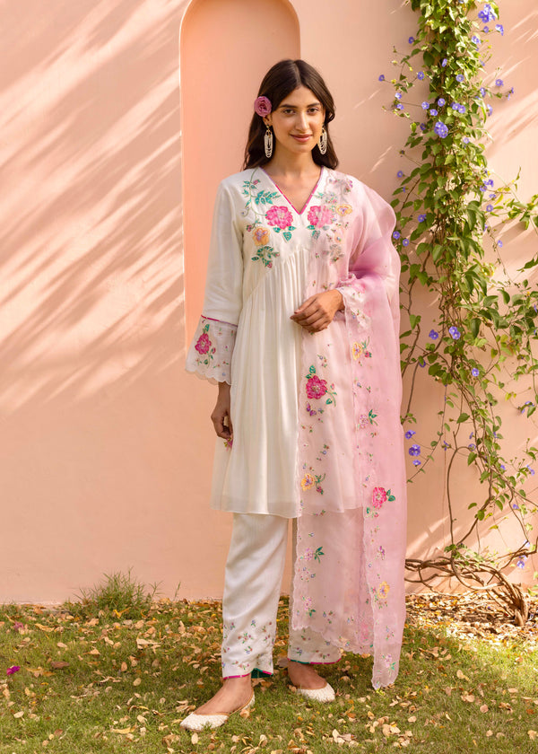 Zia Gathered Short Kurta Set - Cream