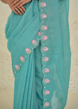 Ichika Tissue Saree Blouse Set- Turquoise