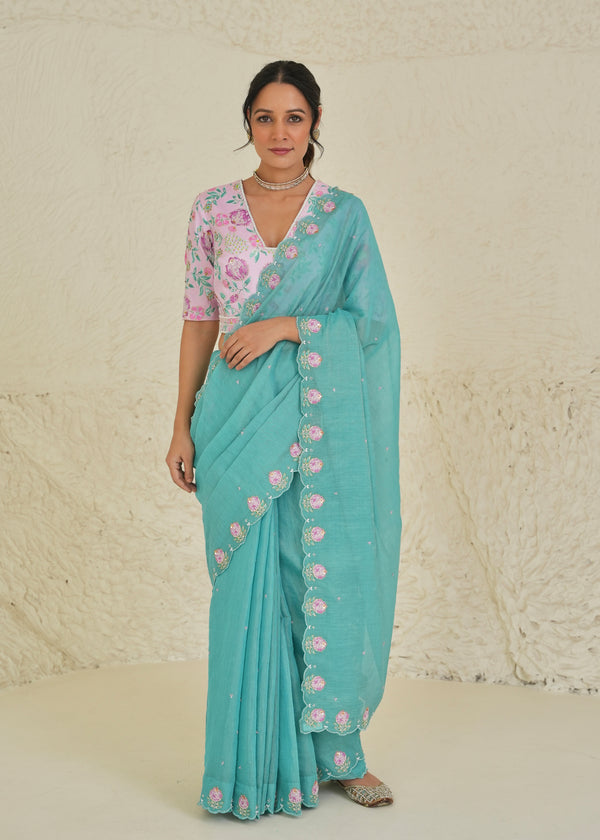 Ichika Tissue Saree - Turquoise