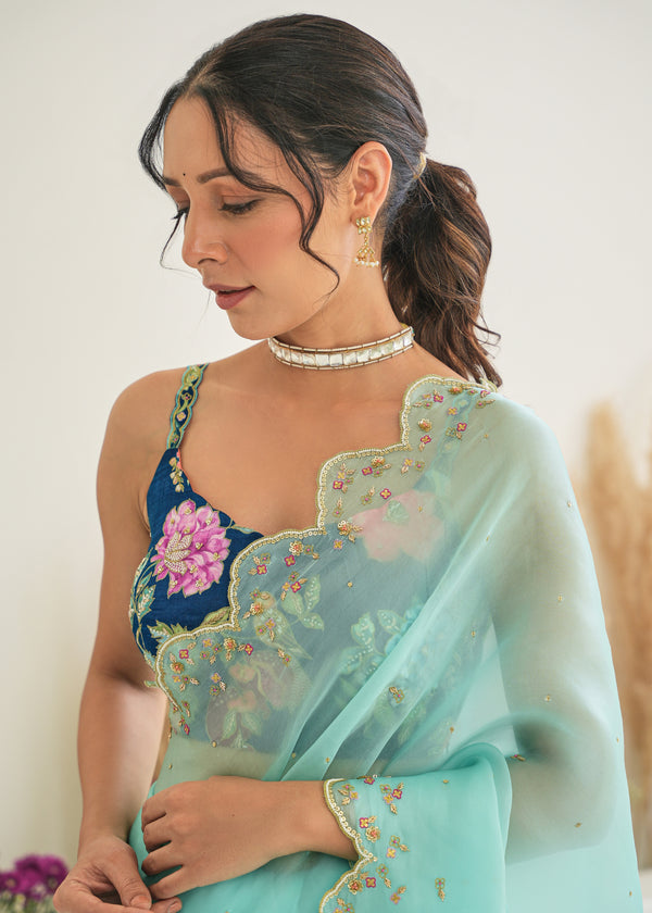 Nargis Saree Pebble Blue Fiza Blouse - Aqua Blue