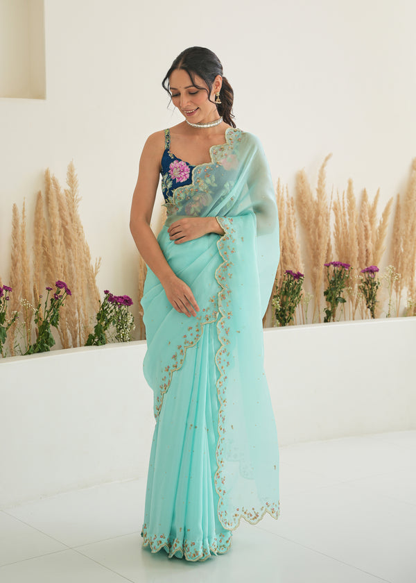 Nargis Saree Pebble Blue Fiza Blouse - Aqua Blue