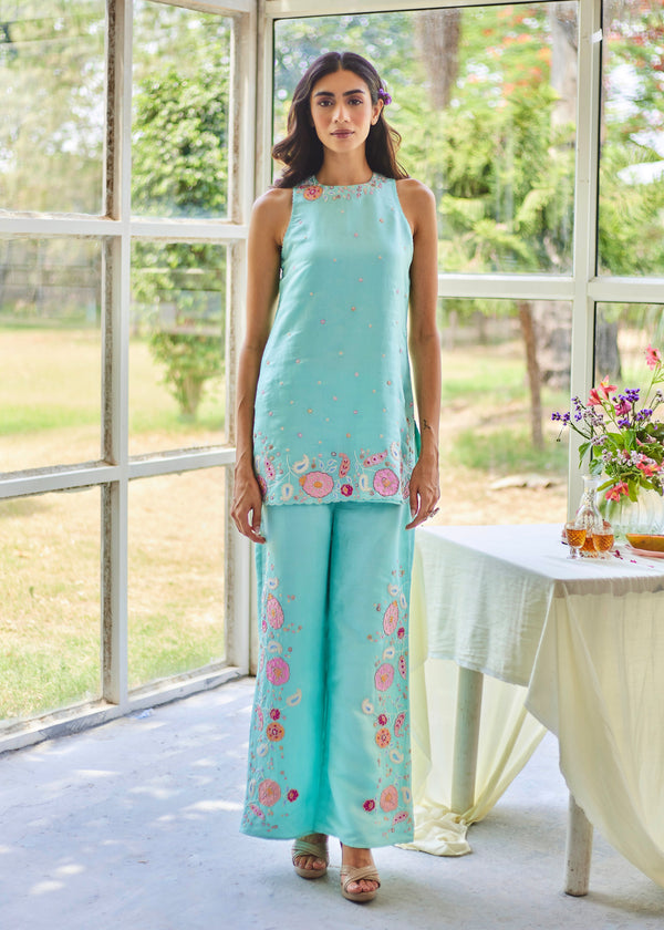 LIZA SLEEVELESS CO-ORD SET - AQUA BLUE